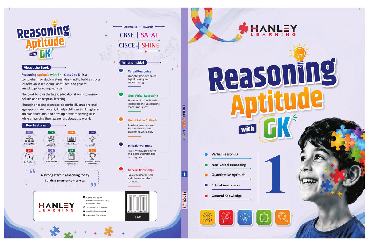 Front and back covers of the book 'Reasoning Aptitude with GK' by Hanley Classics, showing a light purple background, colorful title text, and a child illustration with puzzle pieces on the back cover.